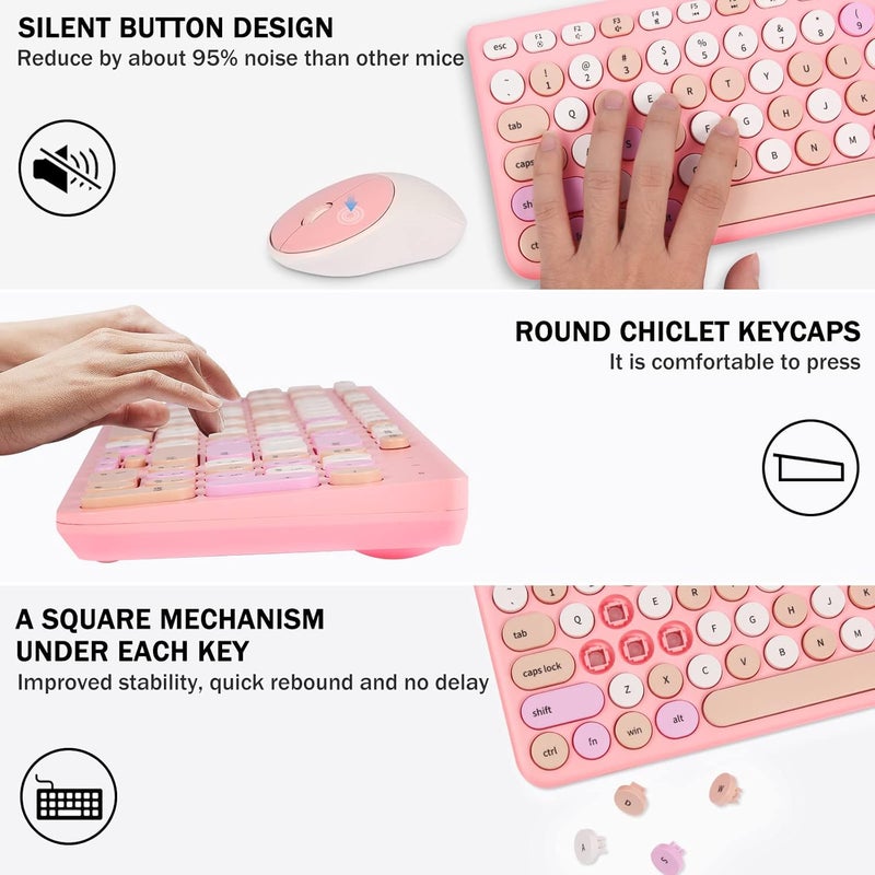 GUKJOB Wireless Keyboard and Mouse Combo, Retro Typewriter Keyboard with Round Keycaps, 2.4GHz USB Cute Wireless Keyboard Mouse for Computer, Desktop, Laptop and Computer (Pink-Colorful) - Image 4